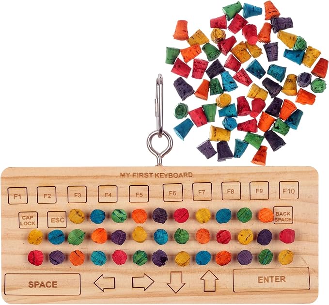 Super Bird Creations SB1225 Birdie Keyboard Bird Toy - Hardwood Keyboard Base with Chewable Corks - Versatile Parrot Training Toy for Foraging Fun for Cockatiel Parakeet - Ideal for Small/Medium Birds