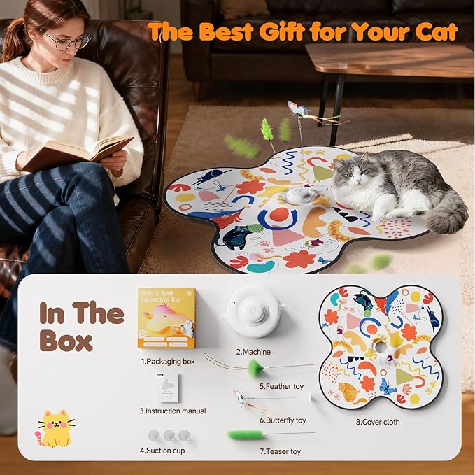Interactive Cat Toys for Indoor Cats–Rechargeable Automatic Hide and Seek Kittens Toy with Moving Wand Feathers,Fluttering Butterfly,Real Mouse Squeaky,Motion Activated for Exercise & Bored Adult Cats