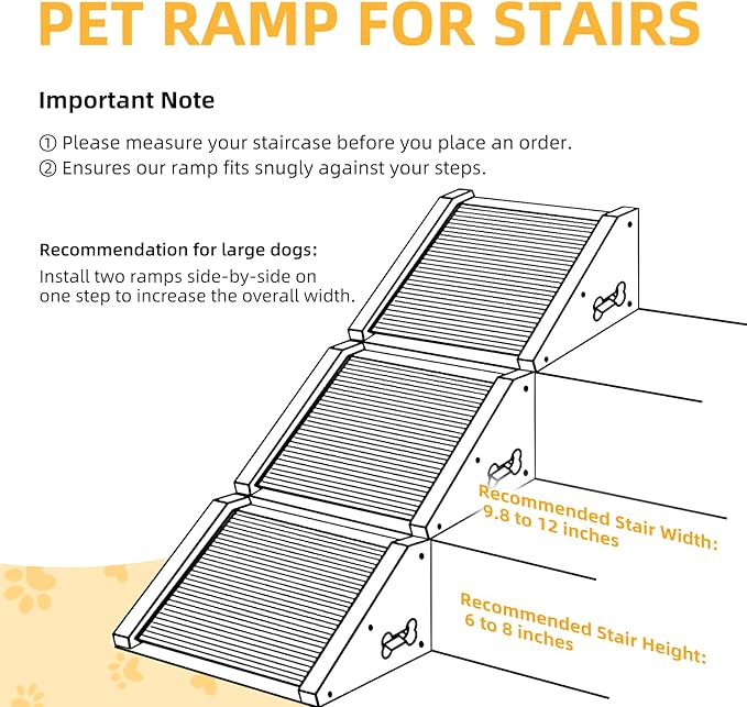 2-Pack Wooden Dog Ramp for Stairs - Natural Pine Wood Pet Step Ramp with Anti-Slip Bone Strips & Felt Padding, Stair Wedge for Small Medium Dogs, Indoor Home Safety Access for Injured Dogs