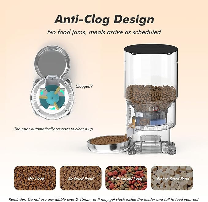 Automatic Cat Feeder - 5L Anti-Clog Cat Food Dispenser Keeps 2-15mm Dry Food Fresh, 10s Voice, 1-6 Meals/Day, Programmable Portions, 180-Day Battery Life, Easy to Clean Auto Pet Feeder for Small Dog