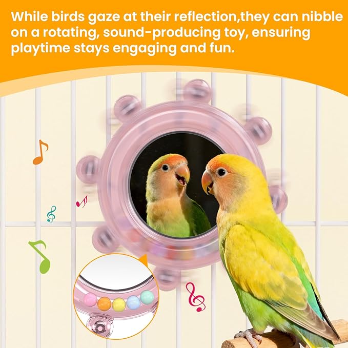 Bird Mirror Toys for Cage,Parakeet Rotating Sound Wheel Toy,Budgie Training Colorful Interactive Chew Toys for Canaries Lovebirds Conures Cockatiels cage Accessories (3, Rondom Color)
