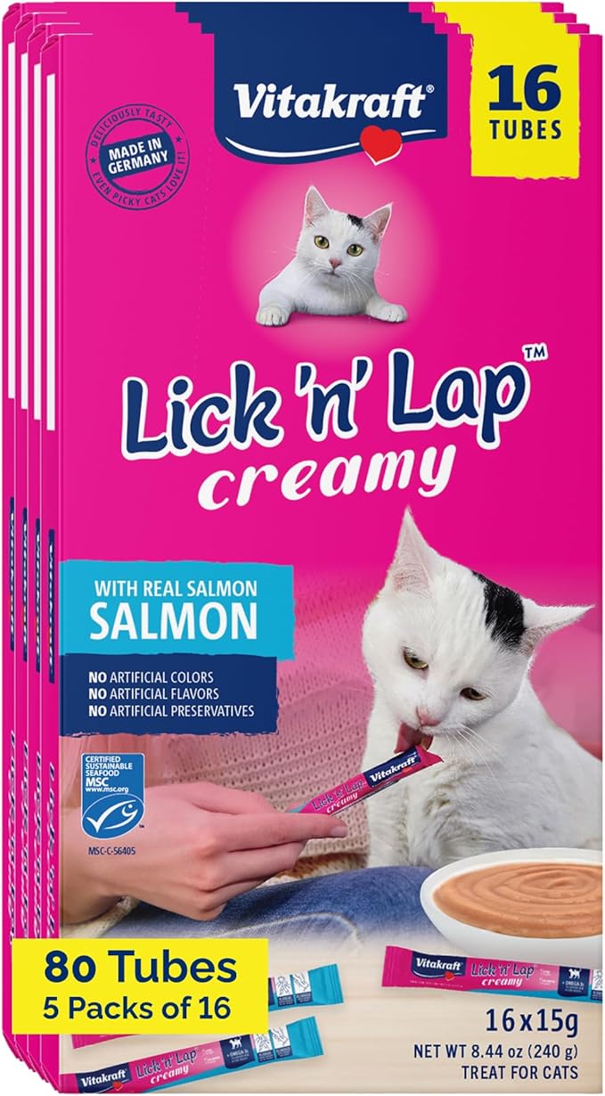 Vitakraft Lick 'n' Lap Snack Creamy, Cat Treat with Real Salmon, 80 Count