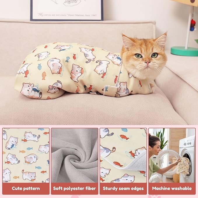 25.6" Cat Grooming Wrap,cat wrap for Cutting Nails,Self-Adhesive cat Swaddle wrap cat Restraint cat wrap Blanket for Medicine, Nail Clipping, Teeth Brushing,Yellow Kitten(Within 10lbs)