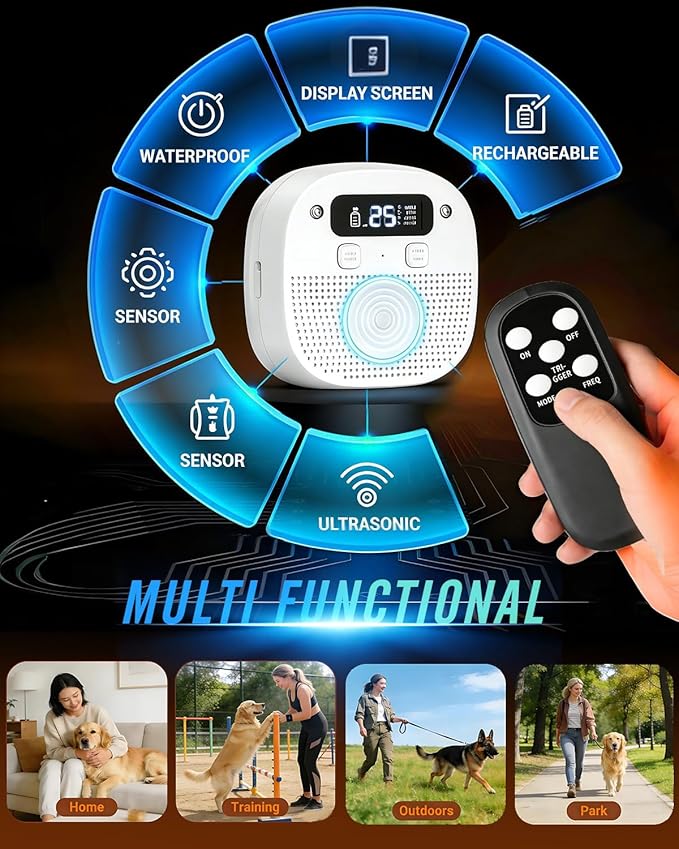 Dog Barking Control Devices, Bark Box with Remote Control, Rechargeable, Waterproof, Adjustable Modes & Frequencies, Anti Barking Device for Dogs Indoor Outdoor (White)