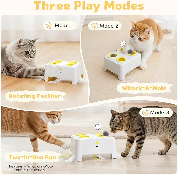 Interactive Cat Toy for Indoor Cats, 3 Modes Feathers Toy, Rechargeable 4 Holes Mole Cat Toys, Cheese Box for Kitten, 4 Accessories (White)