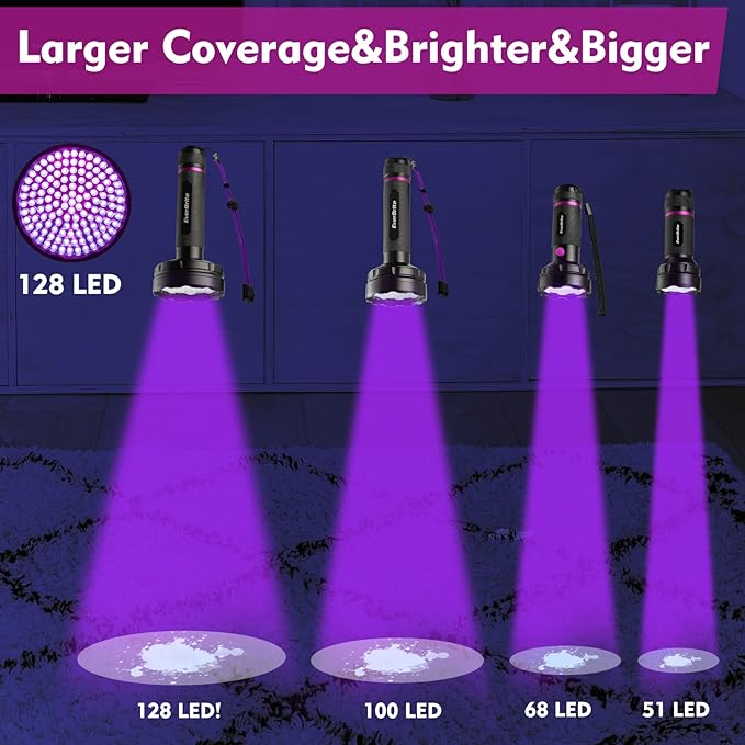 EverBrite UV Flashlight, 128 LED Blacklight Flashlights, 395nm Black Light Flashlight for Pet Urine Detection, Scorpions, Dry Stains, Bed Bug (Batteries Included)