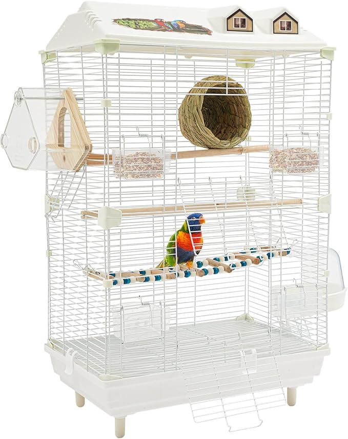 Two-Tier Bird Cage, 30 Inch Pigeons Parrot Birdcage with Safe Rotary Door Lock, White Parakeet Cage for Small to Medium Birds, Easy Access Double Doors. (A)