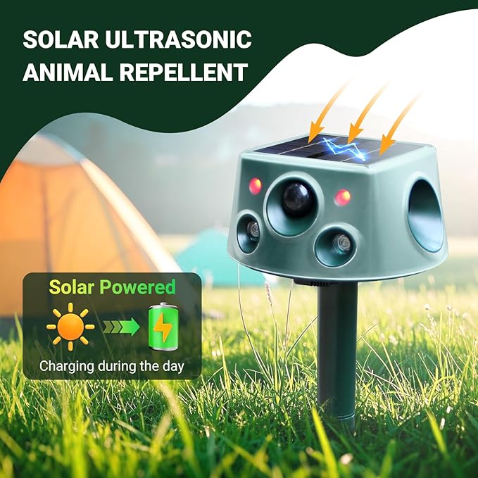 Upgraded 360° Solar Animal Repellent: Cat Repellent Outdoor | Ultrasonic Pest Repeller with Motion Detection & PIR Sensors | Squirrel Repellent for Sankes, Raccoons, Dogs, Skunk, Rabbit, Rodent IP66