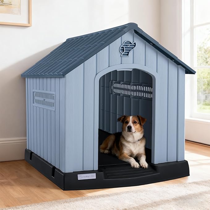 LEMBERI Large Plastic Dog House for Medium Large Dogs, Durable Waterproof Indoor Outdoor Doghouse with Air Vents and Elevated Floor, Easy to Assemble (Light Blue, 40.7" L x 37.2" W x 40" H)
