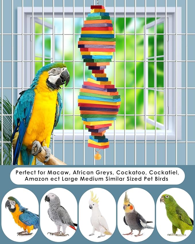 Bissap Bird Chew Toys, Multicolored Bagel Cascade Bird Parrot Chewing Sticks Biting Wooden Blocks Toy for Medium Amazon Cockatiels Cockatoos Macaws and Similar Sized Pet Birds