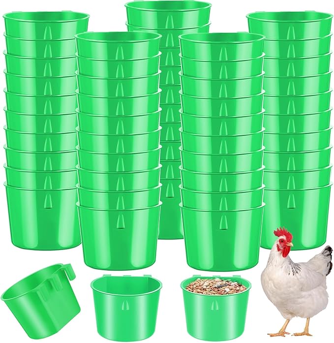 Sumind 60 Pcs Cage Cups Chicken Feeder Birds Hanging Feeders Seed Bowl 8 oz Plastic Water Bowl Hanging Chicken Gamefowl Waterer Feeding Watering Dish Coop Cups for Parrot Parakeet Poultry(Green)