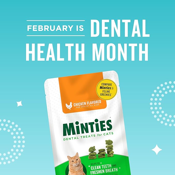 Minties Dental Treats for Cats, Chicken Flavored Treats for Cats, Freshens Breath and Controls Tartar, 30oz (12 2.5oz Bags)