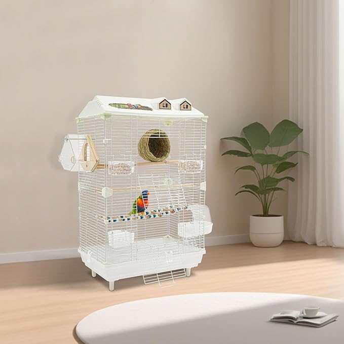 Two-Tier Bird Cage, 30 Inch Pigeons Parrot Birdcage with Safe Rotary Door Lock, White Parakeet Cage for Small to Medium Birds, Easy Access Double Doors. (A)