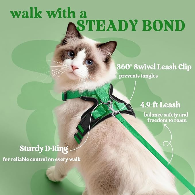rabbitgoo Cat Harness and Leash for Walking, Escape Proof Soft Adjustable Vest Harnesses for Cats, Easy Control Breathable Reflective Strips Jacket, Grass Green, XS