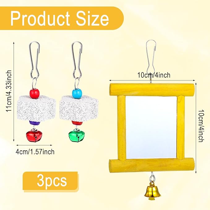 Chicken Toys - 1pc Hanging Bell Parrot Chicken Swing Mirror + 2pcs Beak Grinding Stones for Enrichment, Perfect for Coop, Birds, Parrots, Hens, Roosters, and More