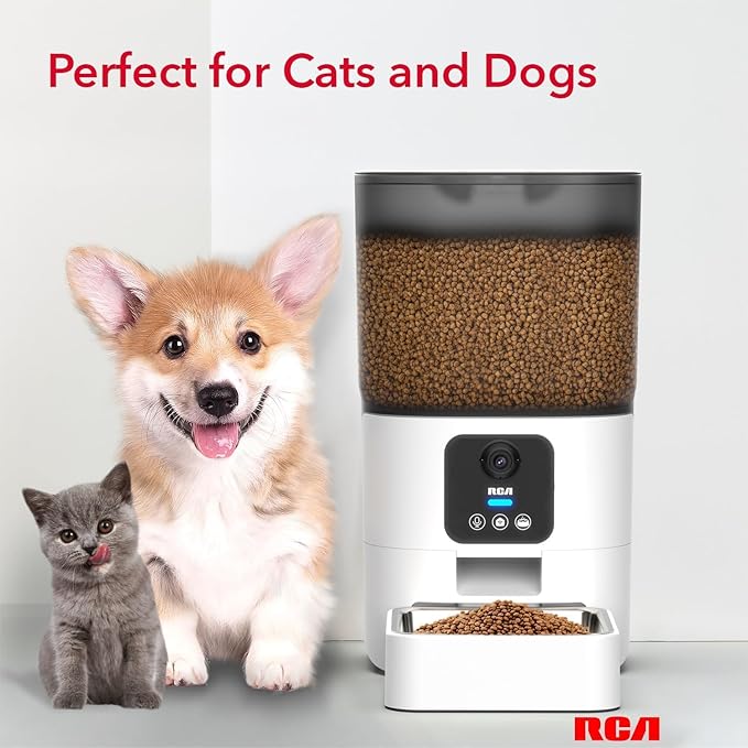 RCA Smart Automatic Pet Feeder with 1080p HD Camera, WiFi App Controlled Cat & Dog Food Dispenser with Two-Way Audio, Motion Detection, Night Vision, Portion Control, Alexa Compatible Feeder