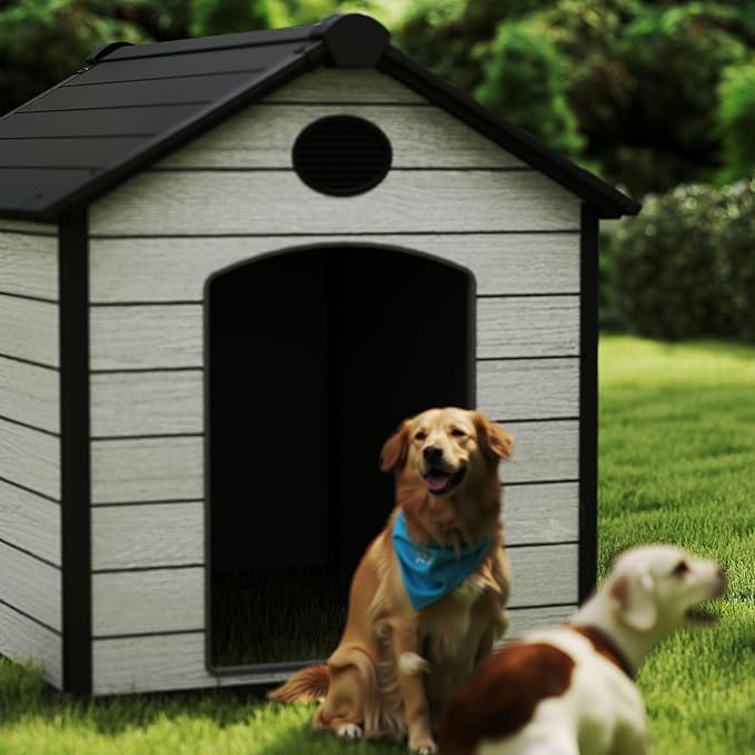 EHHLY 57" Extra Large Dog House Outdoor Weatherproof, 5XL Big Dog House for Large Dog Outside, Insulated Igloo Pet House with Elevated Floor, Extra Durable Resin Plastic, 57Lx47Wx50H, Cemented Grey