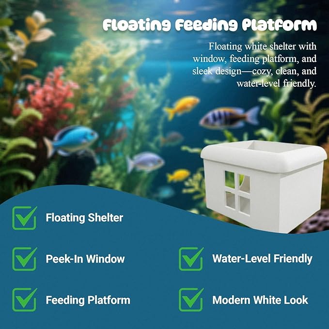 White Floating Betta Fish Hideout with Window – 3D Aquarium Shelter & Breeding Box – Surface Feeding Platform & Cave Rest Spot – Compact Fish Tank Decor (3.67"x2.87"x2.16")