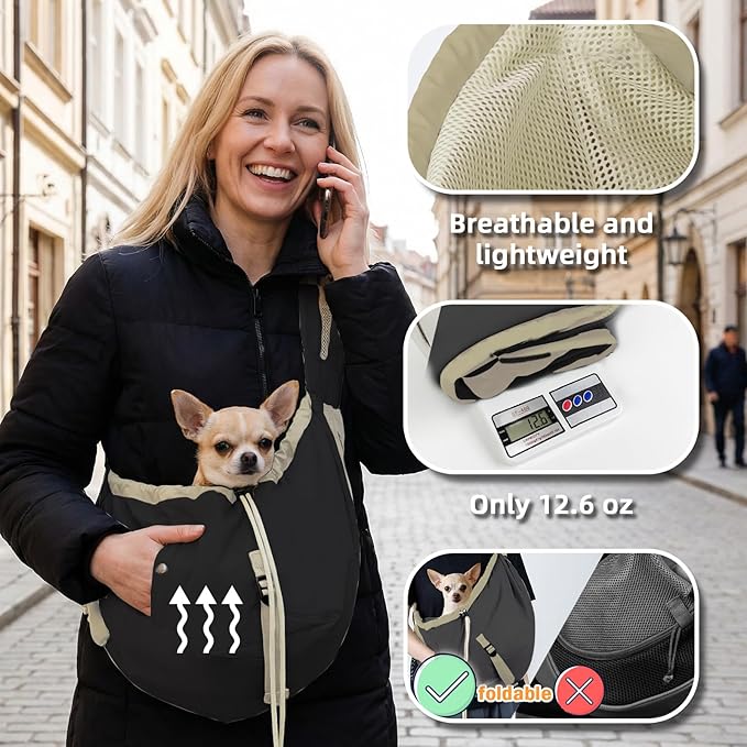 Dog Carrier Sling,Dog Carriers for Small Dogs & Cats Under 20 lbs,Puppy Carrying Backpack Pet Purse with Pockets,Adjustable Shoulder Strap,Hands Free for Travel (Black)