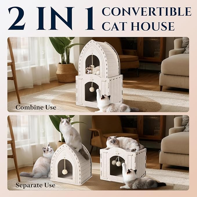 Apasiri 2-Story Cat House for Indoor Cats: Convertible 2-in-1 Felt Cat Condo, Scratch-Resistant, Hideaway Cave for Multi Small Pet Kitten to Relief Anxious, Transitional Modern Cat Furniture