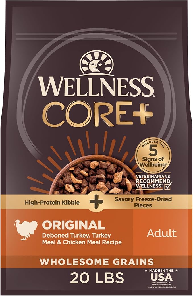 Wellness CORE+ Adult Dry Dog Food with Freeze Dried Pieces, Wholesome Grain Kibble+, Natural, High Protein, Turkey and Chicken Recipe, 20 lb Bag