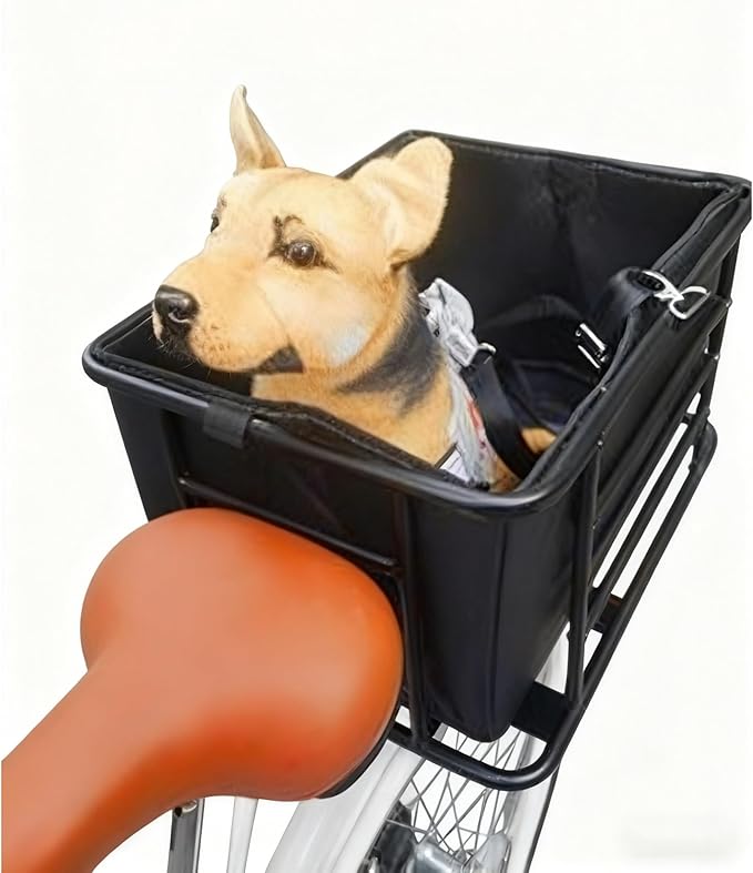 Dog Bicycle Basket Rear Rack – Heavy-Duty Steel Pet Seat with Safety Strap, Comfy Liner & Cargo Use – Small Dog/Cat Bike Carrier, Easy Install