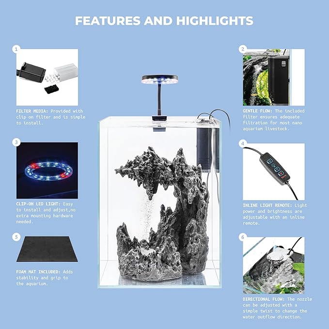 Sand Waterfall Tank Kit - Silent Operation Falling Sand Fish Tank w/LED Light and Self Cleaning Filtration - Desktop Rimless Starter Aquarium Kit, Just Add Plants - 9.51GAL | 36L (C1)