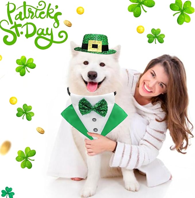 2 PCS St. Patrick's Day Costume Dog Bandana Collar and Pet Top Hat Buckle Green Dog Bow Tie Formal Tux Clothes with D-Ring Irish Tuxedo Saint Patrick Outfits for Dogs Puppy Cat Party Dress (Large)