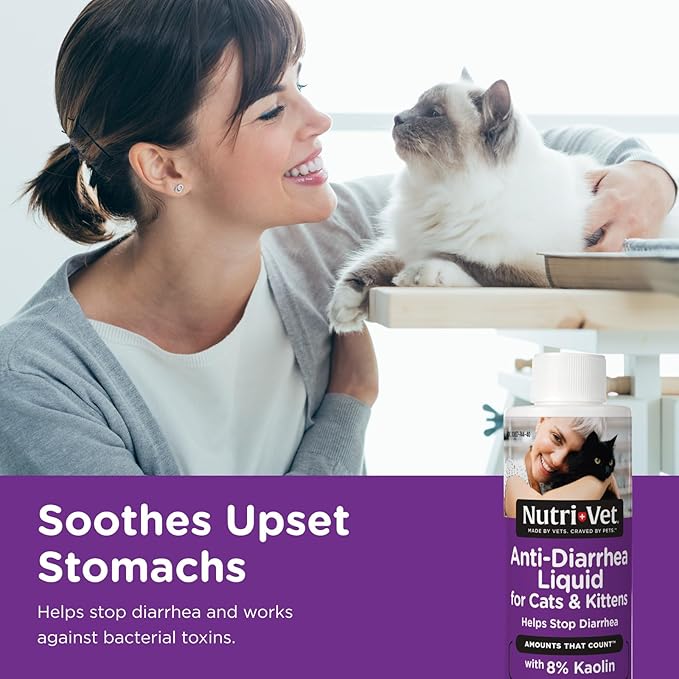 Nutri-Vet Anti-Diarrhea Liquid for Cats,Gentle Formula with Pectin and Kaolin,Soothes Upset Stomach & Irritated GI Tract,Slows Stool Passage,Cat Essentials,Detoxifies Bacterial Toxins,4oz,(Pack of 2)