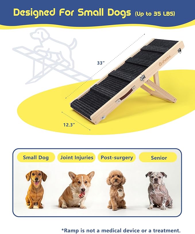Dog Ramp for Couch & Low Bed - Joint & Spine Support with Gentle Incline for Small Dogs, Adjustable, Anti-Slip & Foldable, Up to 35 lbs
