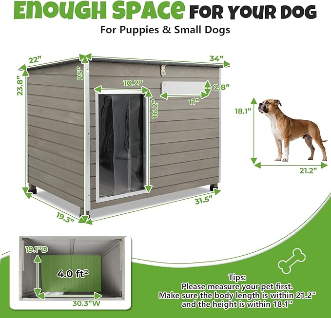 Medium Wooden Dog House Outdoor, Weatherproof Dog Houses with Adjustable Vent Windows, Alloy Chew-Resistant Frame, Removable Floor for Medium & Small Dogs (34" L x 22" W x 25" H)