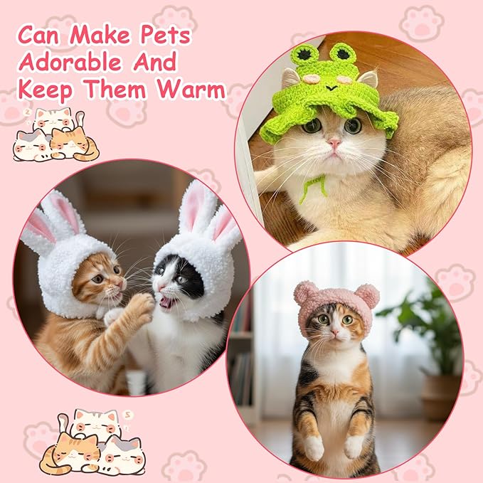 8 Pcs Cat Costume Hats, Cat Costume Halloween Bunny Hat Outfit with Ears, Cute Bear Pet Hat, Funny Pet Hats for Kitten and Small Dogs Puppy Party Christmas Easter Accessory Headwear