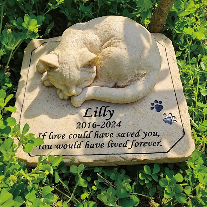 Personalized Cat Memorial Stones Cat Memorial Statue Cat Headstone for Grave Cat Tombstones Pet Loss of Cat Sympathy Gift Home Yard Garden Decor, 8”L x 6.5”W x 3.5”H (Personalized Cat B)