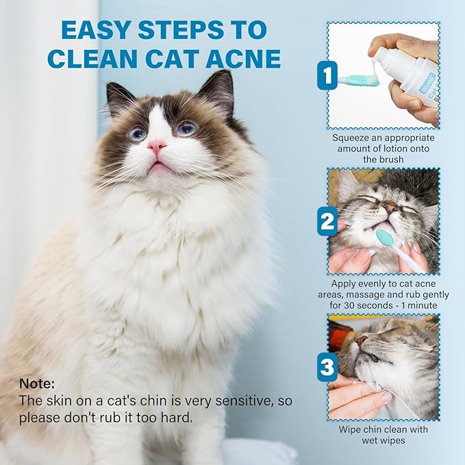 Cat Acne Chin Cleaner & Blackhead Remover – Deep Pore Feline Chin Acne Care Lotion with Silicone Brush – Cat Chin Scrubber for Black Chin Buildup – Gentle Coconut Scent – 4 fl oz