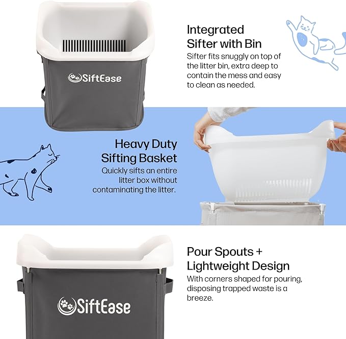Cat Litter Sifter - SiftEase Litter Box Sifting, Fast & Easy Scoop Free Cleaner, Large Sifter with Bin for Longer Lasting Litter (Dark Grey)
