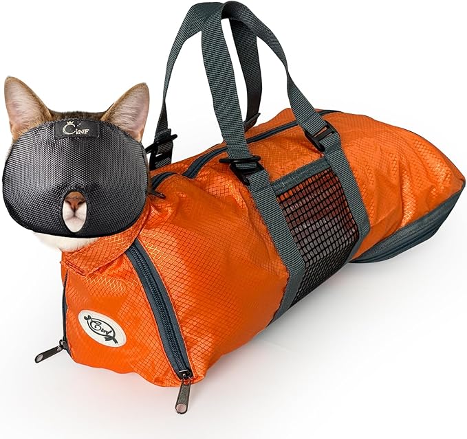 Cinf Cat Nail Clipping Cleaning Grooming Restraint Bag （Free Muzzle） No Scratching Biting for Bathing Nail Trimming Injecting Examining((Orange,M)