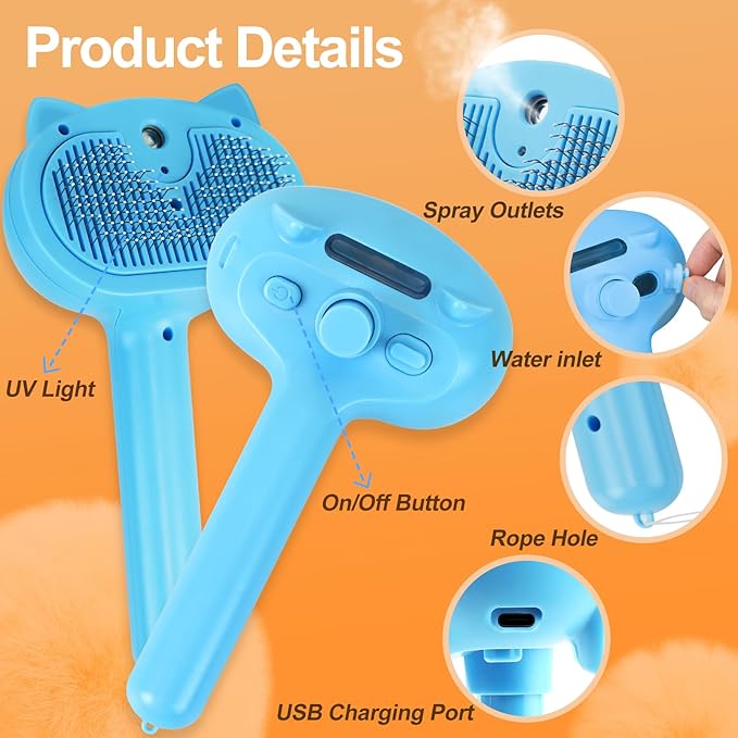 Pet Steam Brush for Dogs, 4 in 1 Cat Steam Brush for Long Short Haired, Self Cleaning Brush for Shedding, Metal Pet Misting Hair Comb with Handle for Grooming Kitten Dog(Blue)