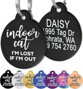 GoTags Personalized Small Indoor Cat Tag - Engraved with 4 Lines of Custom ID, Black Stainless Steel Round Pet ID Tag