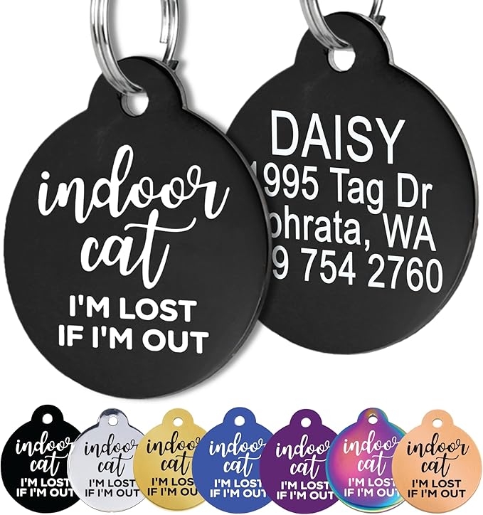 GoTags Personalized Small Indoor Cat Tag - Engraved with 4 Lines of Custom ID, Black Stainless Steel Round Pet ID Tag