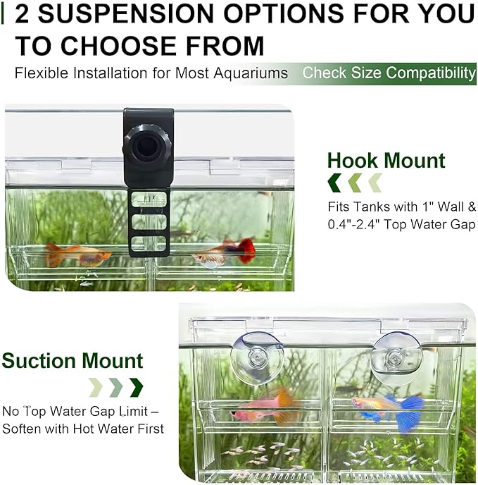 Dual-Chamber Aquarium Fish Breeder & Isolation Box, Transparent Hatching Incubator Tank with Suction Cups & Hook, Nursery for Livebearer Guppy Fry Breeding and Betta Fish, Shrimp Quarantine