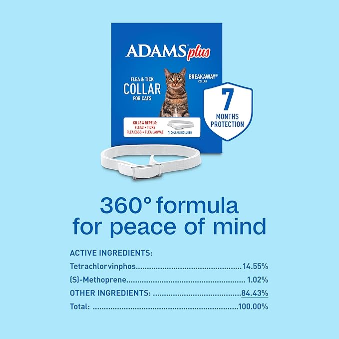 ADAMS Plus Flea & Tick Collar for Cats, Flea Collar for 7-Month Prevention, Adjustable Collar Fits Cats & Kittens, Kills Fleas & Ticks, 1 Count