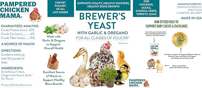 Brewer's Yeast for Ducks & Chickens with Garlic & Dried Oregano (24 Ounce) | Niacin for Ducks, Chicks, and Adult Chickens | Chicken Probiotic & Amino Acids| Pampered Chicken Mama (24 Ounce)