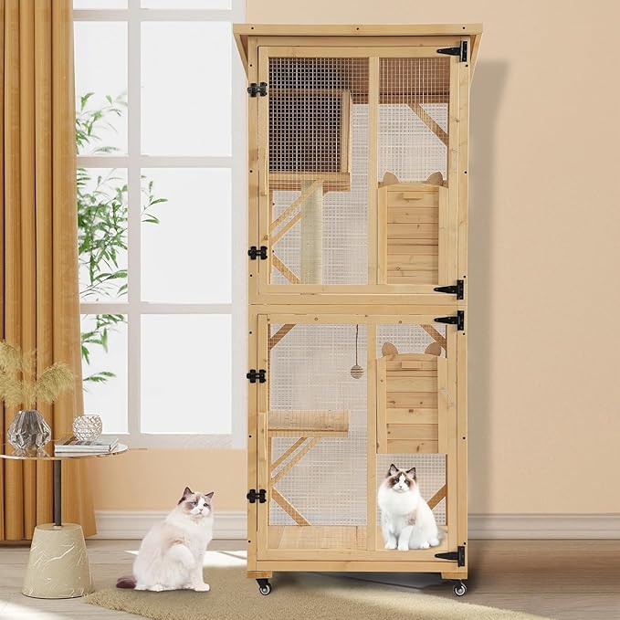 TITIMO 71" Catio Cat Enclosure Window, Large Outdoor/Indoor Cat House for Multiple Cats, Wooden Kitty Condo W/Waterproof Roof, Platforms, Resting Box, Scratching Post, Sisal Ball, Wheels