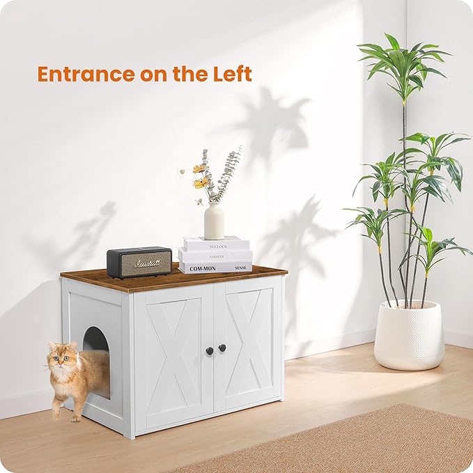 Dwanton Litter Box Enclosure, Cat Litter Box Furniture Hidden, Reversible Entrance Can Be on Left or Right Side, Wooden Cat Washroom Indoor, White and Warm Brown, 27.6 Inches
