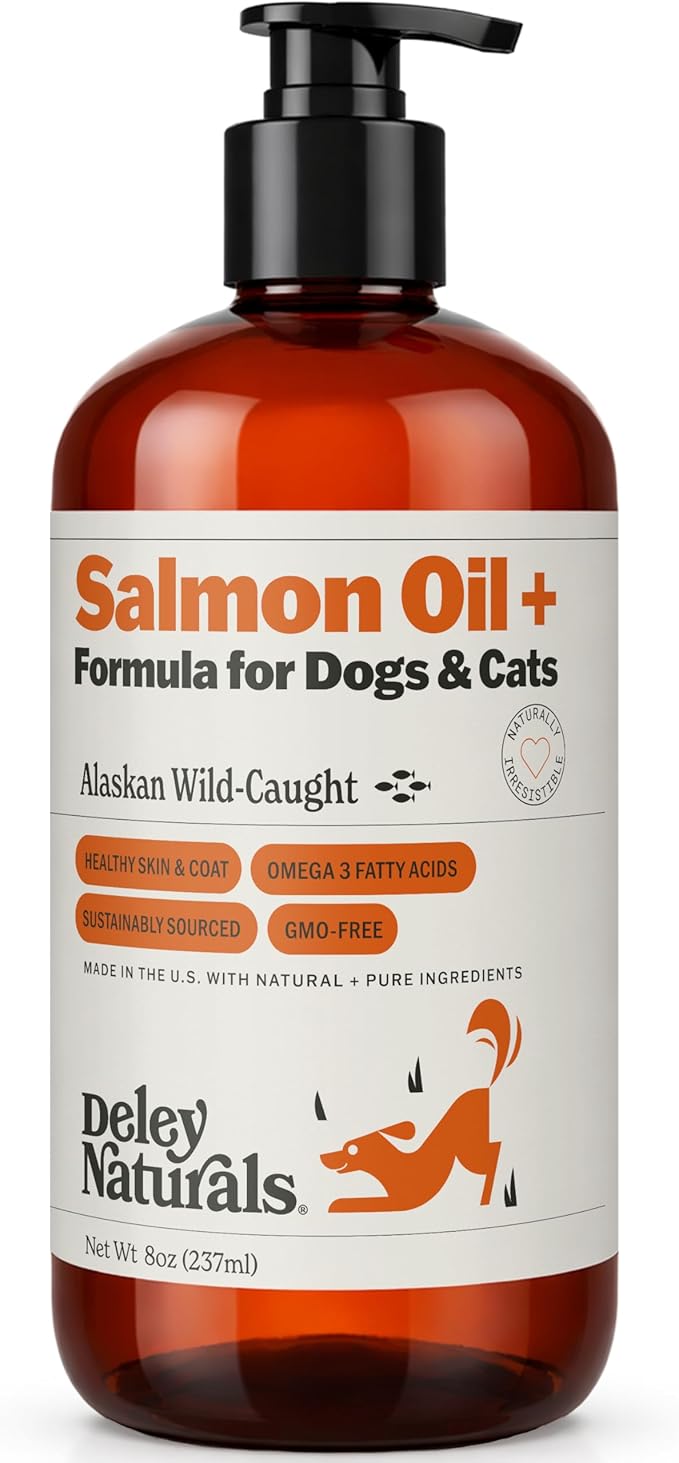 Deley Naturals Wild Alaskan Salmon Oil for Dogs & Cats - New and Improved Salmon Oil Plus Formula - Fish Oil for Dogs with Omega 3, DHA and EPA - Omega 3 for Healthy Skin and Coat - 8oz Made in USA