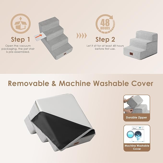 EHEYCIGA Dog Stairs for Small Dogs 13.5" H, 3-Step Dog Steps for Couch Sofa and Chair, Pet Steps for Medium Cats, Non-Slip Balanced Pet Ramp Indoor, Light Grey