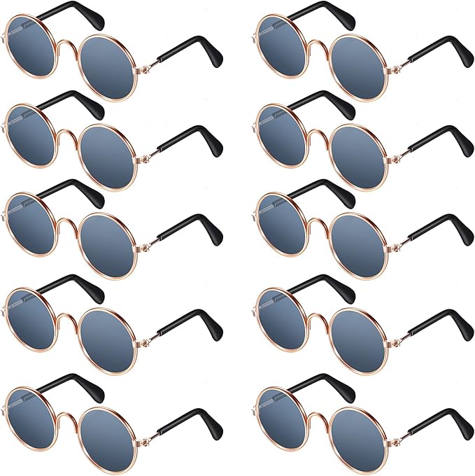10 Pieces Cat Dog Sunglasses Funny Pet Glasses Round Metal Small Classic Retro Sunglasses Pet Hippie Cute Dog Cat Cosplay Party Costume Photo Props Cosplay Glasses(Grey)