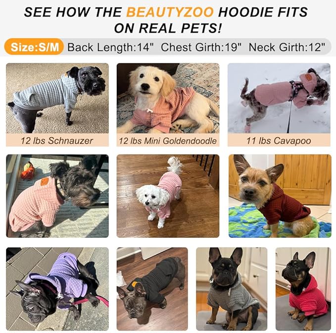 BEAUTYZOO Small Dog Hoodie Sweater with Pockets, Dog Clothes for Small Medium Dogs Boy Girl, Waffle-Like Laminated Cotton Pet Coats with Hat and Leash Hole, Khaki SM