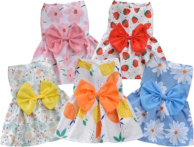 TAPBULL Dog Dresses, Fashionable Pet Dog Clothes, Cute Cat Birthday Dress Outfit (Orange/Red/Yellow/Blue/Pink 5-Pack), Small