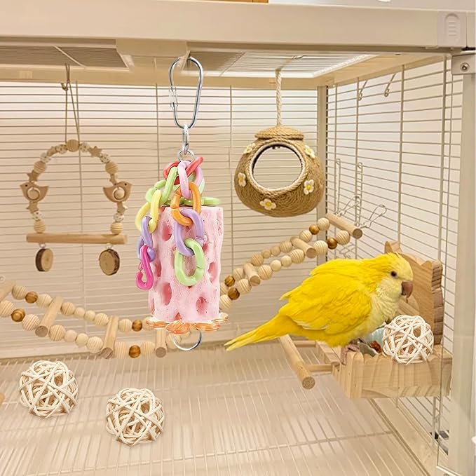3PS Bird Chewing Toys+Sepak Takraw Bird Beak Grinding Stone Calcium Parakeet Treats for Budgies Cockatiels Conures Quaker Senegal Parrot